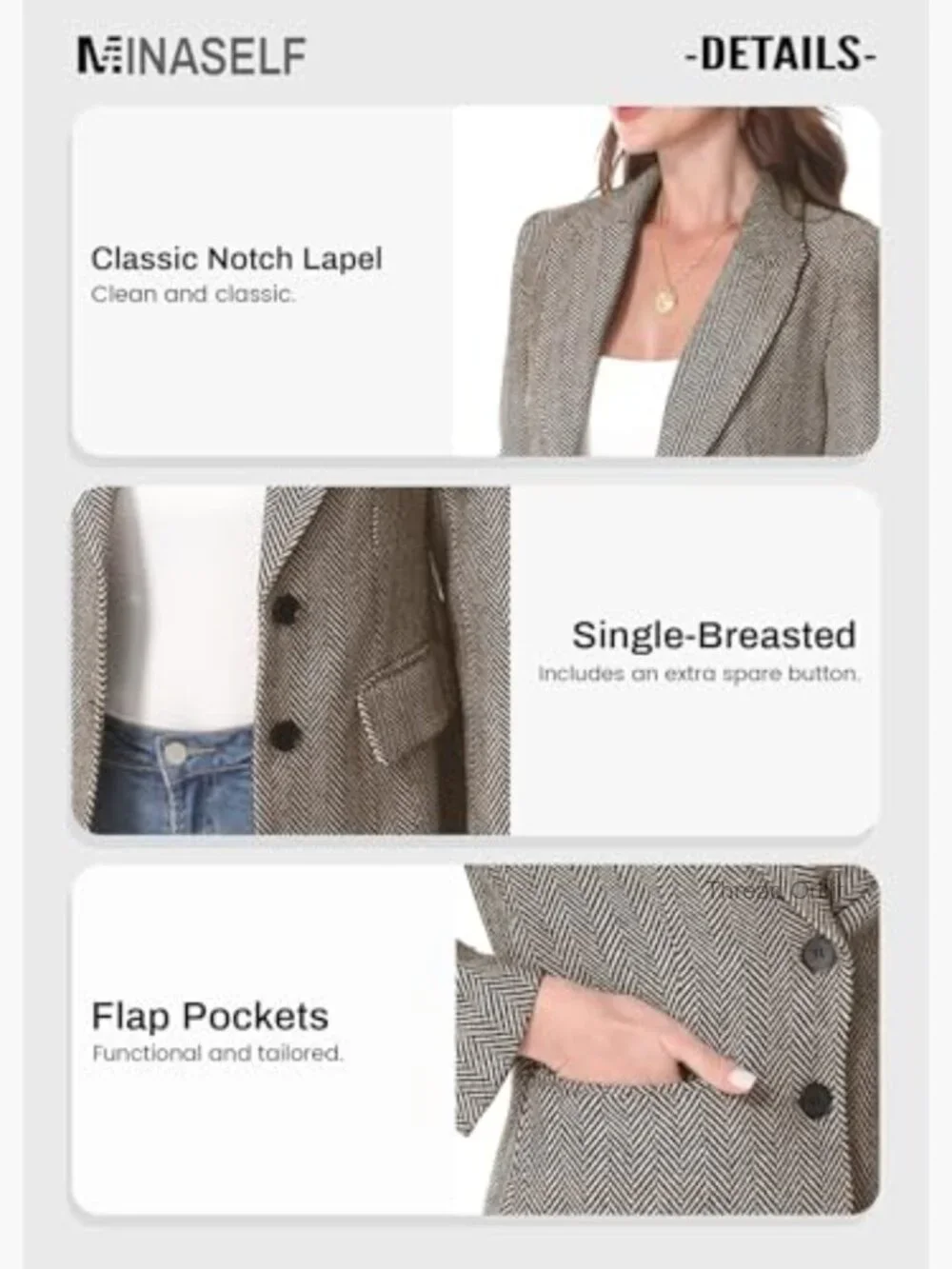 Herringbone Tweed Blazer Open Front Lined Pockets Work Office Casual - Picture 6 of 7